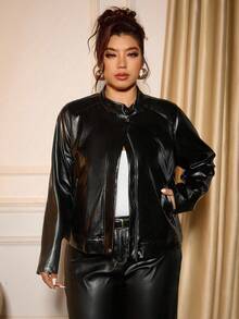 Allurite معطف جلد صناعي كاجوال للنساء كبيرات الحجم للخريف/الشتاء، طوق عالي، جيوب، طراز بانك شيك، أكمام قصيرة، لون أسود راقي - الأسود - مشاهدة 4