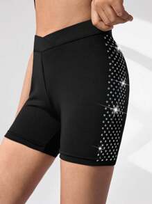 年轻女孩运动短裤，黑色修身款，侧面激光亮片图案，百搭，适合日常休闲装、海滩度假、体操 - 黑色 - 查看 4