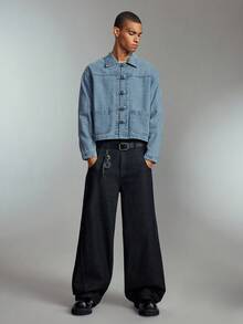 ROMWE MEN Men's Casual Loose Denim Jacket With Single-Breasted Pockets, Autumn - أزرق فاتح اللون - مشاهدة 5
