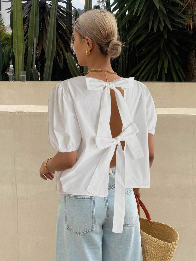 Summer Casual Solid Color Bowknot Strap Shirt Women Coats Vacation