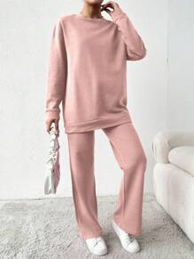 SHEIN Cottnline Ladies Pink Round Neck Sweatshirt And Pants Set - Pink - View 5