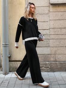 EURMUSE Damen gestreifter Pullover und Strickhose 2 Stücke Set Co-Ords Zwei-Teile-Set Damen Schwarz Zwei-Teile-Set Damen 2 Stücke lässig-Set Damen Langarm Zwei-Teile-Set Bequemes Zwei-Teile-Set,Winterkleidung - Schwarz - Übersicht 4