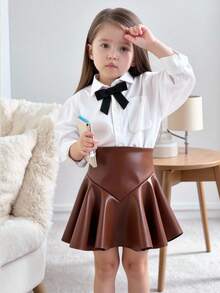 Elladie kids Young Girls' Chic Camel PU Leather A-Line Skirt, Soft PU Fabric, High-Waisted Design, Flared Hem, Concealed Zipper, Minimalist Yet Fashionable, Suitable For Spring & Autumn Fall Winter - Coffee Brown - View 6