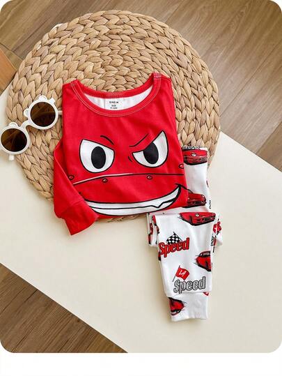 Baby Boy Snug Fit Cartoon Expression Printed Long Sleeve T-Shirt And Car Pattern Knit Pants Pajama Set, 2pcs