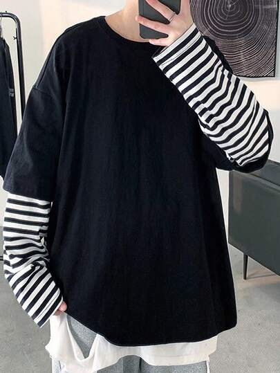 Claim Dot 男士原宿条纹印花落肩二合一长袖 T 恤，男友礼物，适合外出