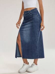 Flexra 女士时尚休闲高开叉不对称腰牛仔裙 - 深色水洗藍 - 查看 2