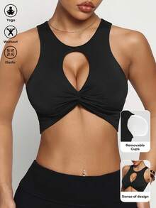 Slayform Áo ngực thể thao xoắn rỗng màu trơn dành cho nữ - màu đen - Xem 1