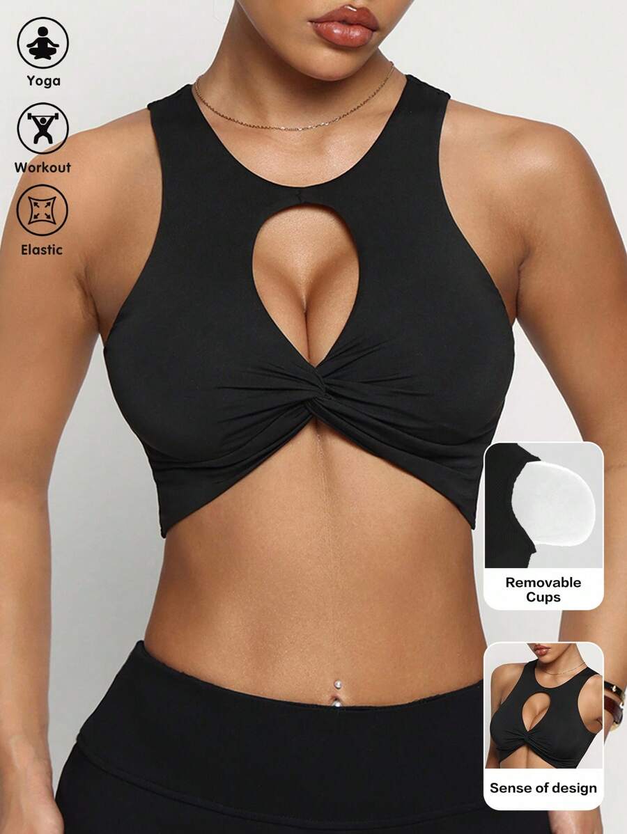 Slayform Áo ngực thể thao xoắn rỗng màu trơn dành cho nữ - màu đen - Xem 1