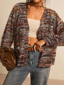 SHEIN LUNE Plus Size Women Casual Brown Sequin Cardigan,Long Sleeve Single-Breasted Knit Tops,Autumn Boho Vacation Fall Winter Business Work Teacher - Multicolor - View 7