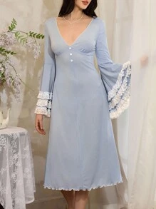 Côtesoire 法式优雅撞色蕾丝V领喇叭袖女士睡裙，秋冬款 - 黃色 - 查看 4
