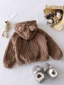 Genkimix Kids Unisex Brown 3D Bear Ear Hooded Casual Jacket, Long Sleeve Hoodie Suitable For Outdoor, School, Daily Casual Wear, Winter - Brown - View 2