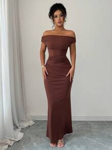 Rafferiza 女士优雅褶饰露肩金属装饰修身派对连衣裙 - 棕色 - 查看 7