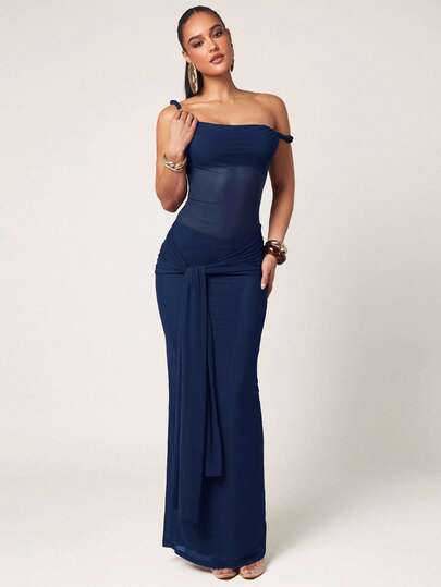 Silquee Women's Solid Color Flowy Elegant Dress Mesh Maxi Dress Bodycon Maxi Dress