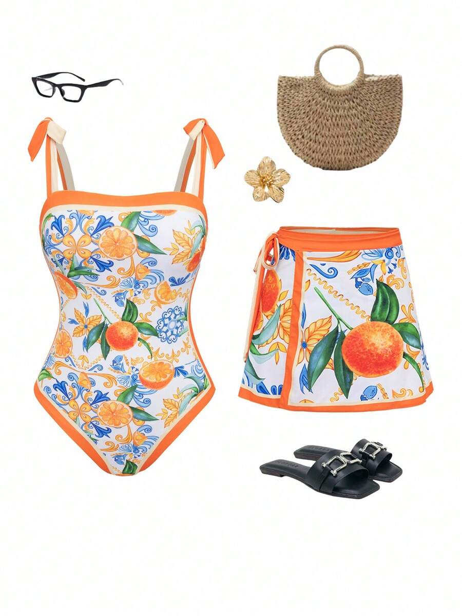 Swim Oasis Set de 2 piezas Traje de baño de una sola pieza con estampado de frutas para mujer para vacaciones en la playa