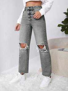 SHEIN EZwear Quần jean ống đứng rách thô Y2k - Xám - Xem 6
