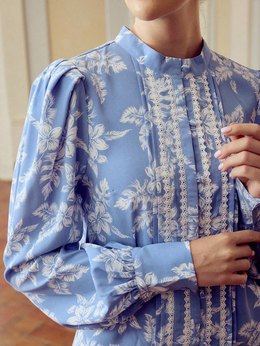 ZEYLAH Floral Print Bubble Sleeve Elegant Shirt With Single-Breasted Design, Vacation Style For Women Fall Cloth For Women - Blue - View 1