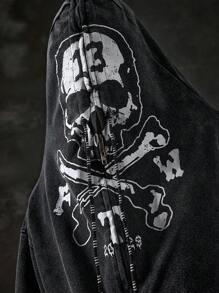 ROMWE MEN Street Life Men's Dark Style Skull Print Zip-Up Hoodie Jacket, Fall - Black - View 2