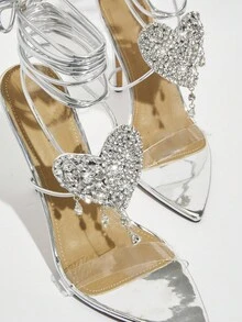 SHUZIA Women Elegant Heart Shape Rhinestone Decor Metallic Cross Strap High Heel Sandals - Silver - View 6