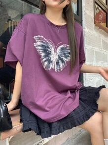 DAZY Autumn/Winter New Loose Casual Butterfly Print Round Neck Women T-Shirt