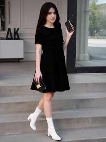 SHEIN Vestido elegante y lindo para niña preadolescente con decoración de lazo rojo para ocasiones cotidianas y de princesa - Negro - Ver 10