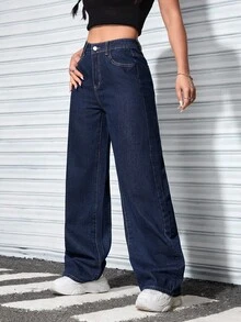 SHEIN ICON Jeans de mezclilla casuales de unicolor para mujer de talla grande, otoño/invierno - Azul lavado oscuro - Ver 3