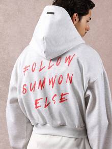 SUMWON Crop Fit Urban Street Style Fleece Hoodie With Stylish Back Script Print Drawstring Hood Casual Everyday Wear Fall Winter Loungewear Minimal Design - Light Grey - View 1