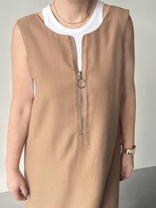 FRIFUL Vestido sin mangas con cremallera y decoración de unicolor caqui para mujer, otoño - Caqui - Ver 8