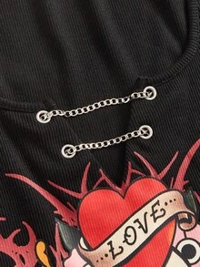 Y2Kool Wild Love Parte superior corta de estilo punk con cadena metálica en forma de corazón, cuello en V negro, estilo antiguo, tatuaje, espina, oscuro, punk, Halloween, Y2K, sexy, casual, estilo callejero, adecuado para verano, otoño, vacaciones, fiestas, reuniones, uso diario - Negro - Ver 4