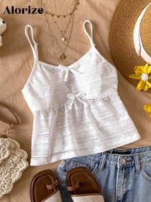 Tween Girls Bowknot Hollow Cami Tank Top, Fashionable For Summer Casual Wear Summer Holiday - White - View 7