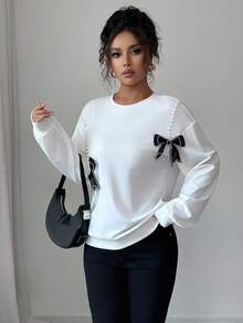 Elenzga Women's White Casual/Commute Bowknot Faux Pearl Decor Long Sleeve Sweatshirt, Autumn Fall Cloth For Women