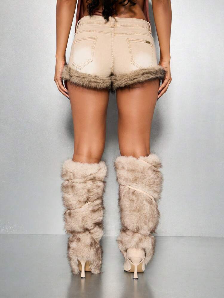 SUMWON WOMEN High Rise Denim Shorts With Faux Fur Trim