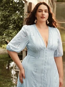 Anewsta Summer New Design V-Neck Hollow Out Embroidery Solid Color Puff Sleeve Plus Size Dress - Baby Blue - View 5