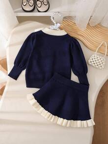 Souflis Souflis Baby Girls' Sweet Sweater Sets - 3D Bows, Ruffles, Loose Versatile Knit, Cardigan + Skirt, Long-Sleeve,Suitable For Autumn/Winter Baby Girl Sweater Set Baby Girl Navy Dress Baby Girl Two Piece Outfit Toddler Girl Navy Outfit Baby Girl Fall Outfit