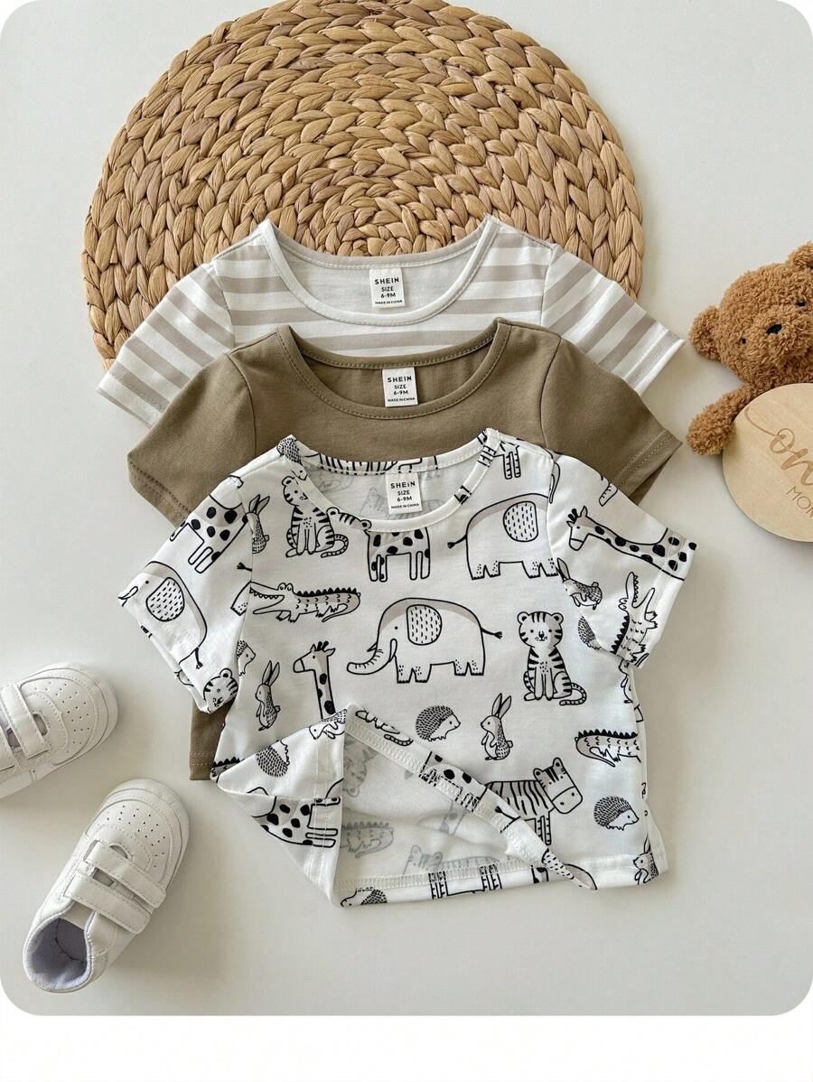 3-Piece Soft Knit Crew Neck Short Sleeve Tops Set For Baby Boy Or Baby Girl Graphic - Green - View 1