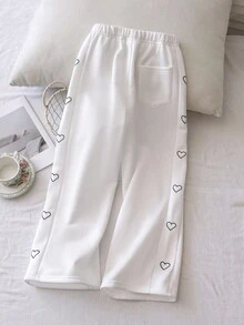 1 件时尚年轻女孩白色中腰直筒裤，带有俏皮心形印花和口袋，温暖，适合旅行、居家、学校、休闲装，秋冬 - 白色 - 查看 2