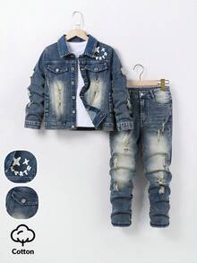 SHEIN Playful Pals 2 件套年轻男孩复古街头风格时尚个性化学院休闲洗水牛仔夹克和牛仔裤套装 - 銅色 - 查看 5