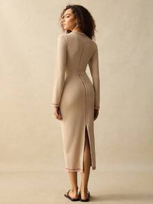 SoleilVie Women's Round Neck Long Sleeve Burnout Slit Hem Fitted Dress Fall Cloth For Women - Apricot - View 2