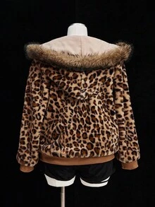 Sweetra Leopard Faux Fur Minimalist Hat & Short Vintage Casual Jacket Winter Fall Autumn - Brown - View 6