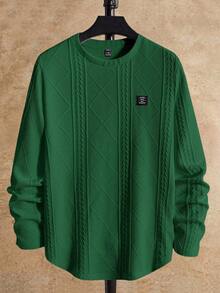 Manfinity NXTstreet 男士圆领针织休闲长袖 T 恤，适合日常穿着绿色毛衣男士绿色针织毛衣男士男士绿色粗针织毛衣男士纹理毛衣绿色长袖毛衣男士男士绿色长袖毛衣纹理绿色毛衣，适合秋季 - 墨綠色 - 查看 5