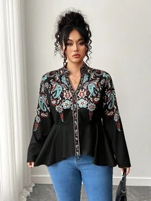Elenzga Plus Size Women's Print Ruched Waist Asymmetrical Hem Long Sleeve Shirt, Fashionable, Unique, Elegant, Retro, Soft, Suitable For Business Casual Fall Cloth For Women