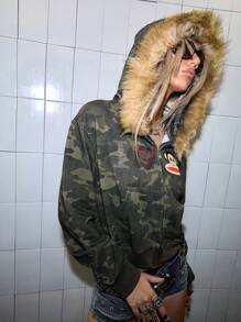 Paul Frank X ROMWE Y2K Kpop 卡通猴子图案水钻迷彩毛边连帽衫 - 彩色 - 查看 8