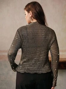 Anewsta Women Plus Size Round Neck Metallic Sheen Knit Fitted Elegant Pearl Embellished Top - Black - View 2