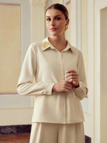 ZEYLAH Women's Autumn Embroidery Design Long Sleeve Single-Breasted Elegant Shirt Fall Cloth For Women - Apricot - View 4