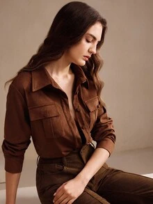 Anewsta 女士优雅领长袖口袋衬衫，拉绒棕色上衣 - 棕色 - 查看 5