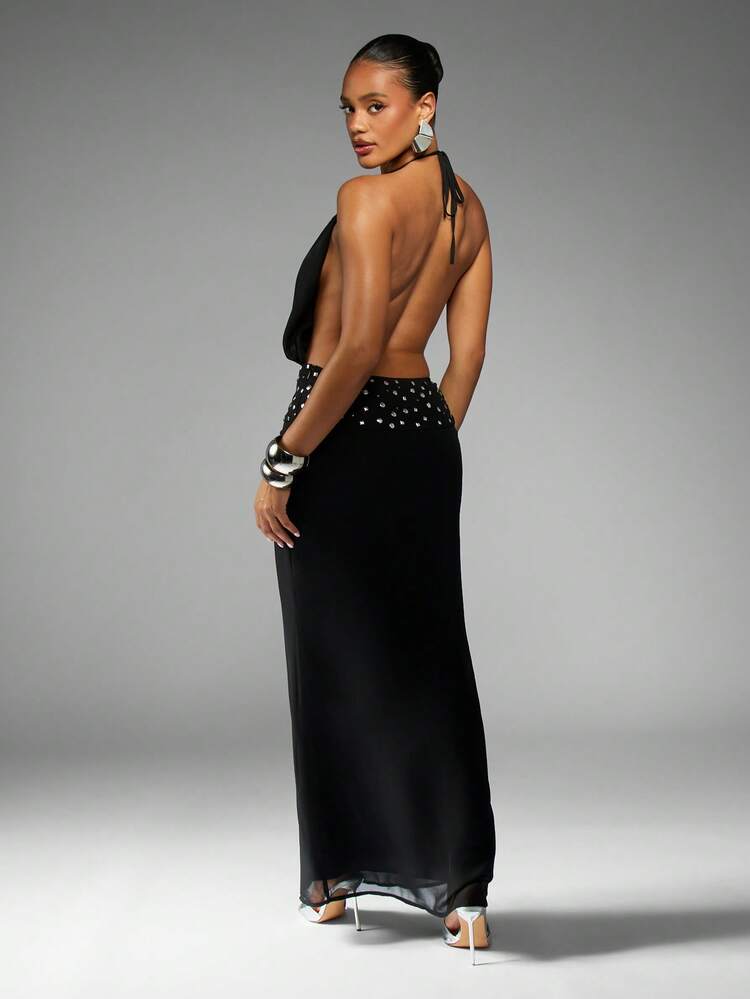 MISSGUIDED Halter Neck Evening Maxi Dress With Studded Waist Detail Black Formal Gown Backless Design Elegant Floor Length Party Prom Wedding Guest Dress
