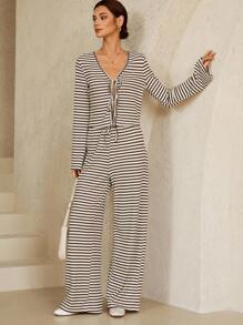SHEIN Unity New Women's Fashion Casual Khaki Striped Loose Comfortable Home & Party V-Neck Tie-Up Long Sleeve Pants Set Fall Cloth For Women - Multicolor - View 5