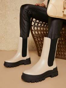 SHUZIA Elastic Side Panel Contrast Sole Boots - Beige - View 3