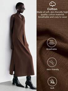 Lumivelle Vestido largo holgado de algodón y lino con cuello en V, plisado, bolsillos laterales y corte recto para mujer en color verde - Café integral - Ver 1