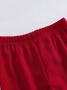 Elladie kids 2 件套年轻女孩珍珠装饰修身长袖衬衫和喇叭裤，适合春秋季休闲装 - 紅色 - 查看 4