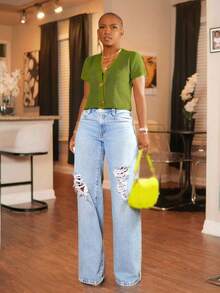 BamGleam 女装简约休闲新款绿色金属大纽扣V领镂空开衫毛衣外穿休闲性感简约短袖毛衣 - 綠色 - 查看 3